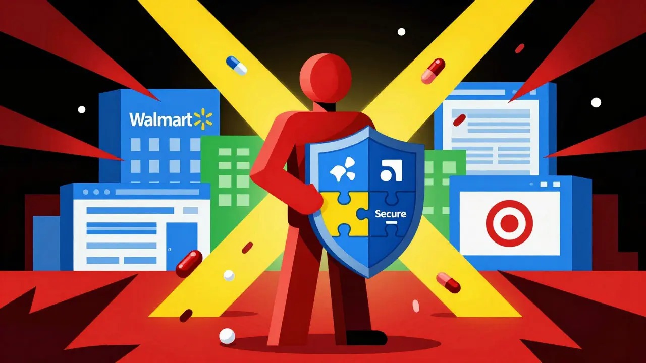 Constructivist art showing a shield protecting against online pharmacy scams.