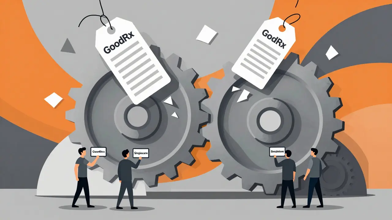 Constructivist art showing gears crushing price tags for medication savings