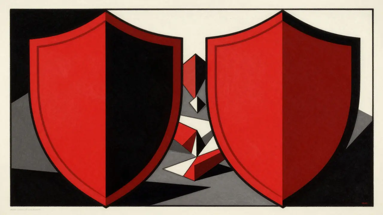 Constructivist art showing geometric shields representing pharmacy safety and trust.