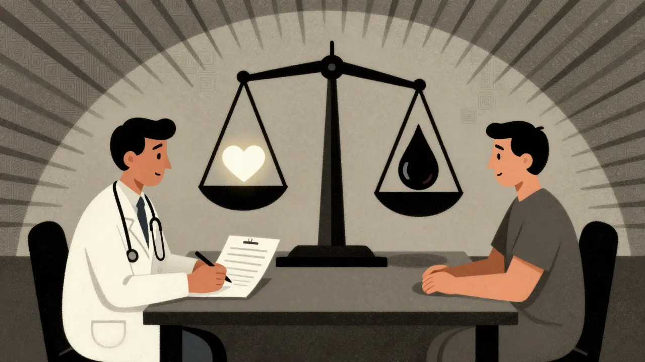 Doctor and patient weighing heart protection against bleeding risk on a scale