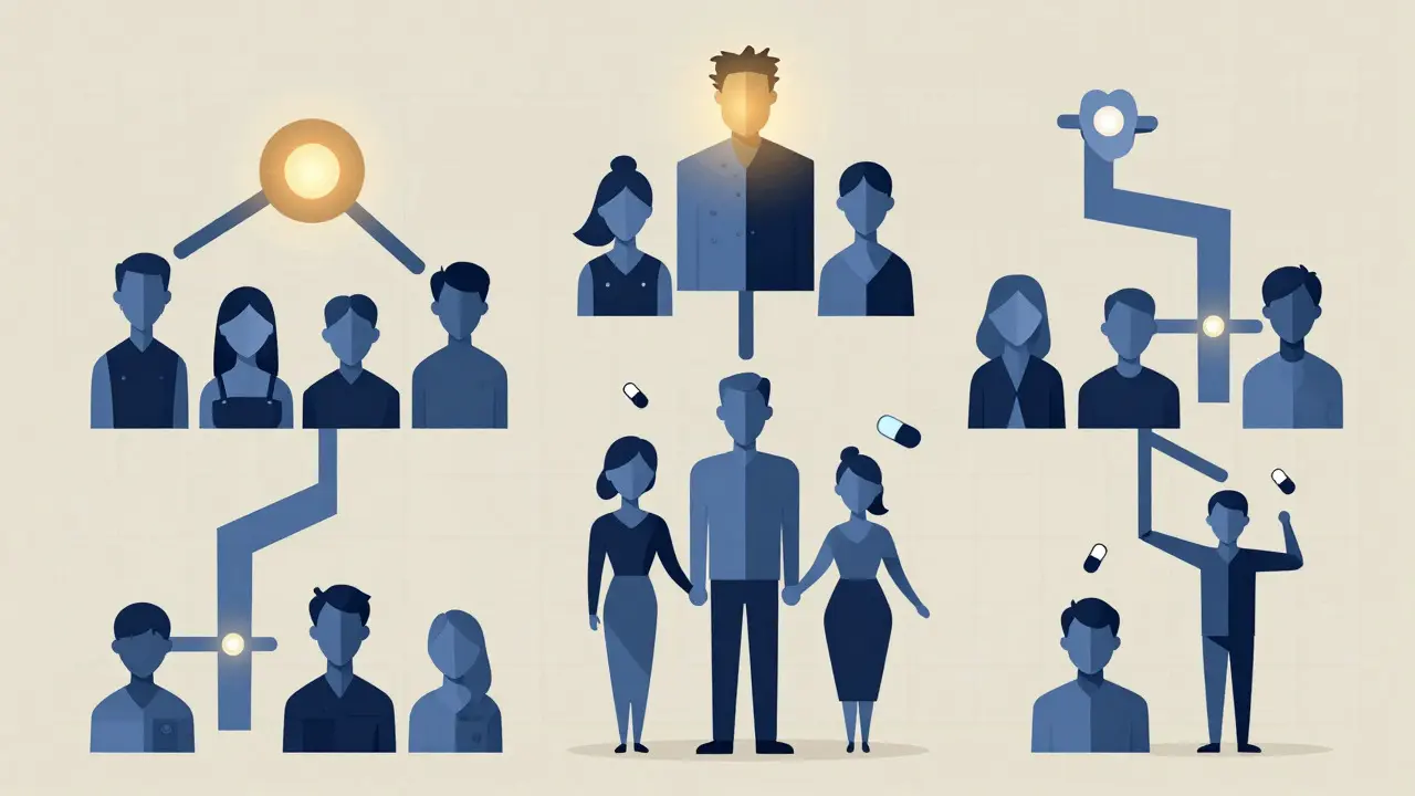 Geometric family tree illustration showing inherited genetic traits