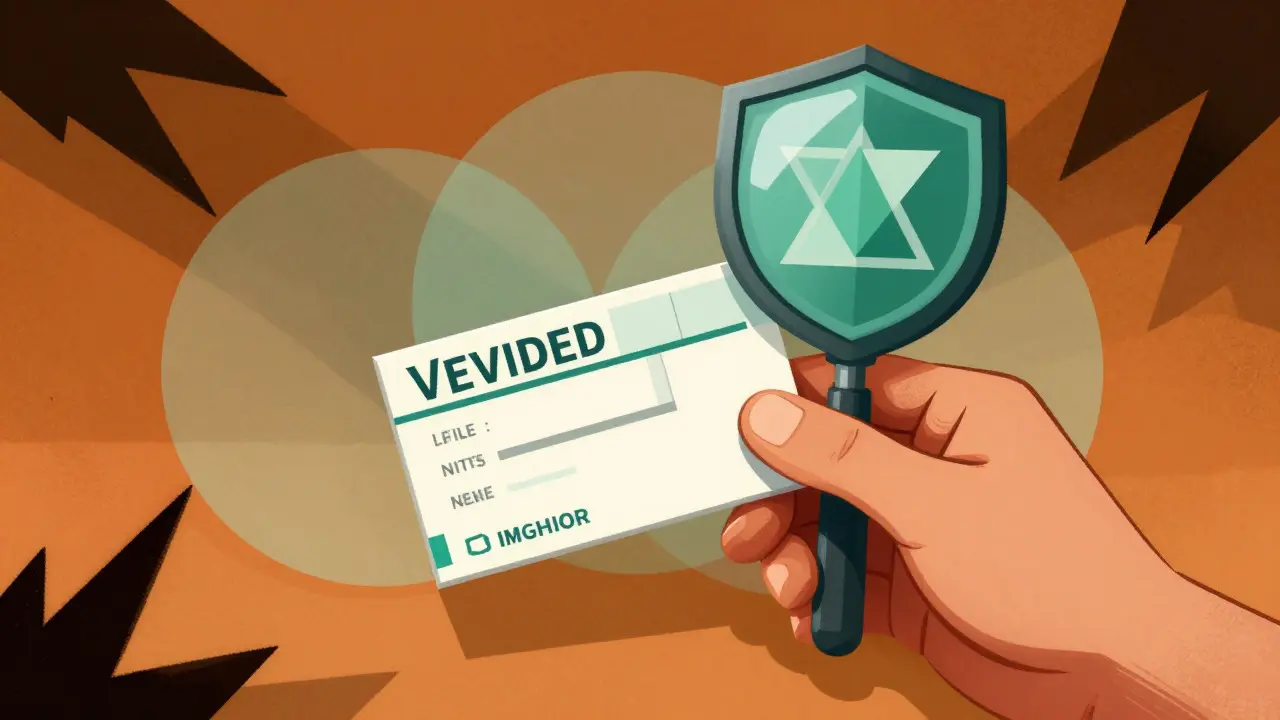 Hand holding verified medicine box protected by geometric shield symbols
