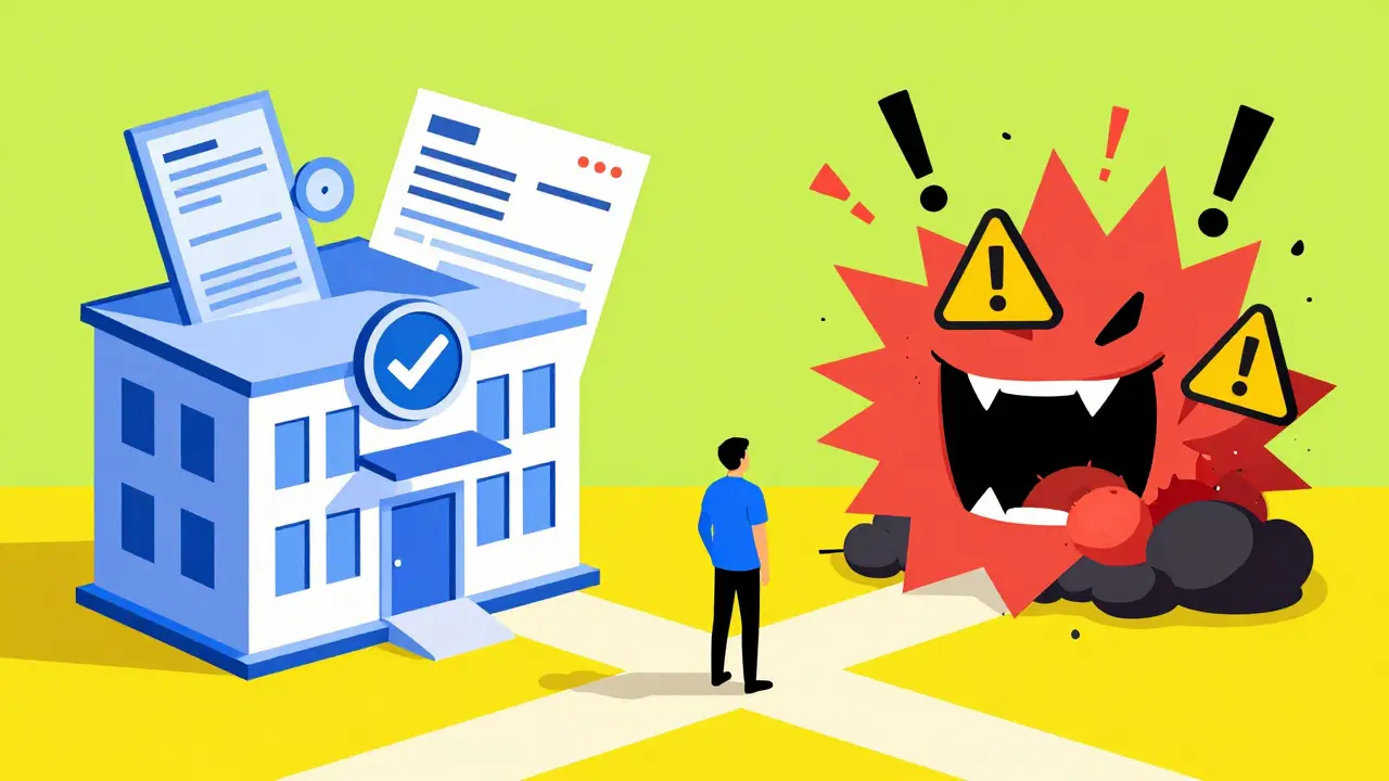 Illustration contrasting safe verified pharmacy with chaotic fake sellers