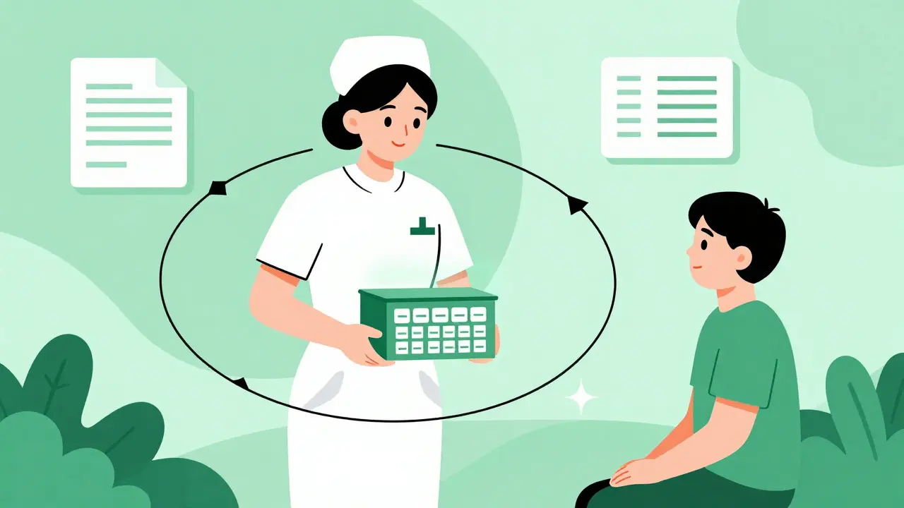 Nurse organizing medication for a calm patient in geometric style