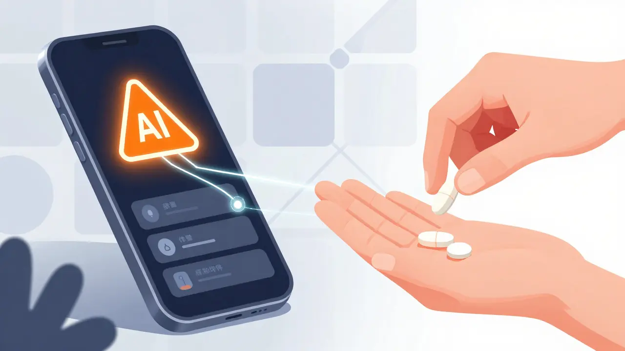 Smartphone AI alerts connected to human hand holding a pill