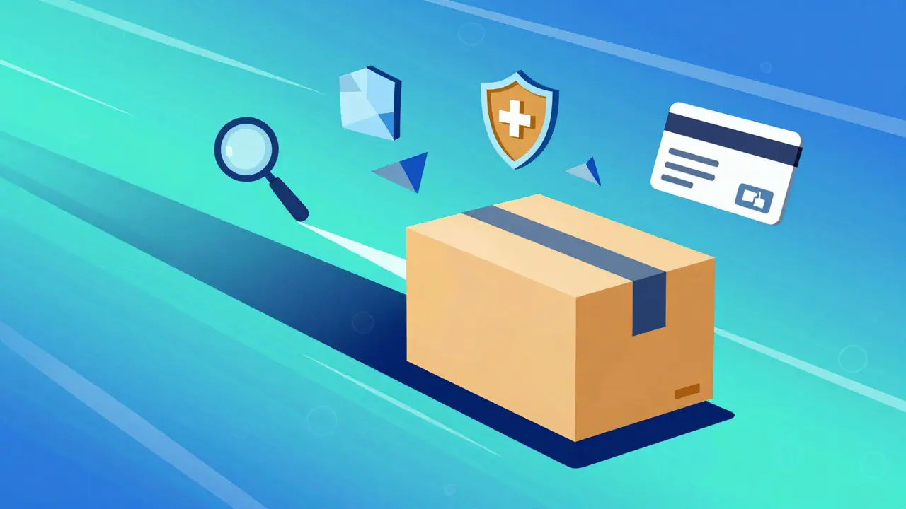 Stylized illustration of a medicine package being delivered rapidly via online service.