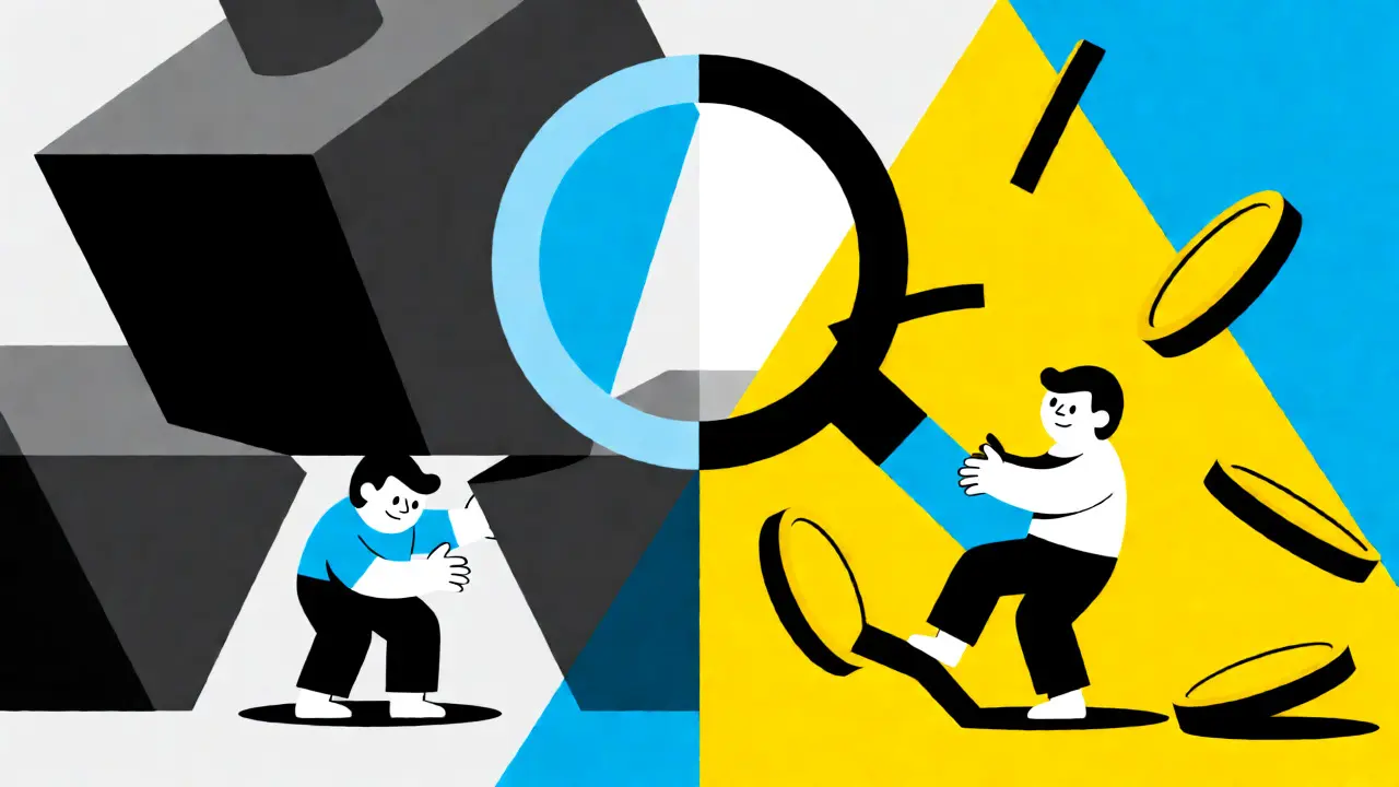 Geometric illustration contrasting high costs with discounted savings.